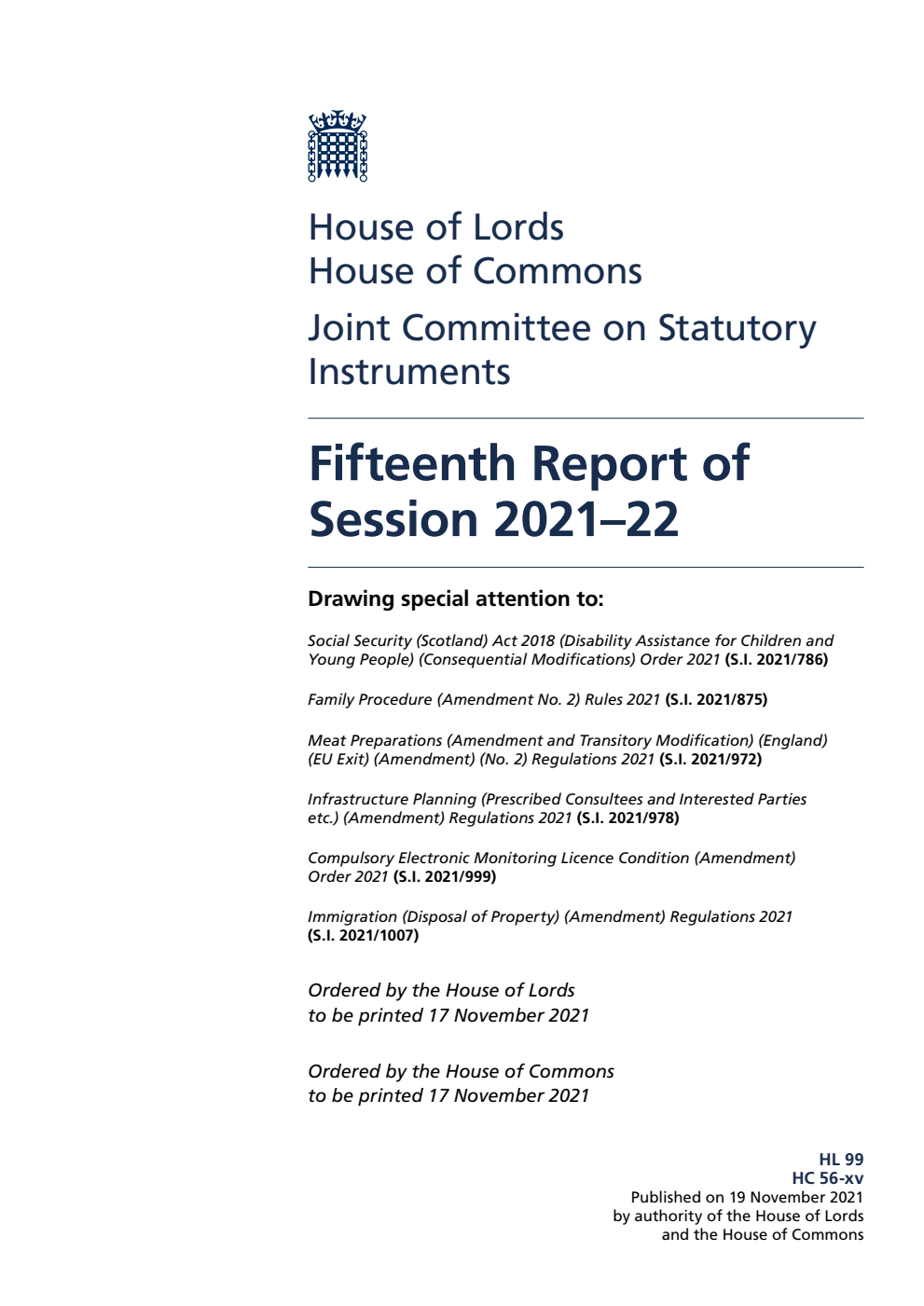 Joint Committee on Statutory Instruments 15th Report of Session 2021-22