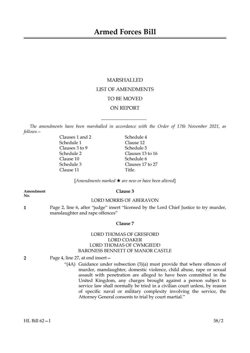 Armed Forces Bill Marshalled List of amendments to be moved on report