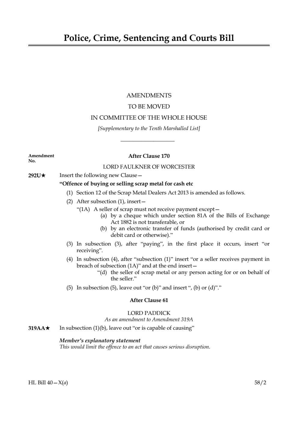 Police, Crime, Sentencing and Courts Bill Amendments to be moved in Committee of the Whole House [Supplementary to the Tenth Marshalled List]