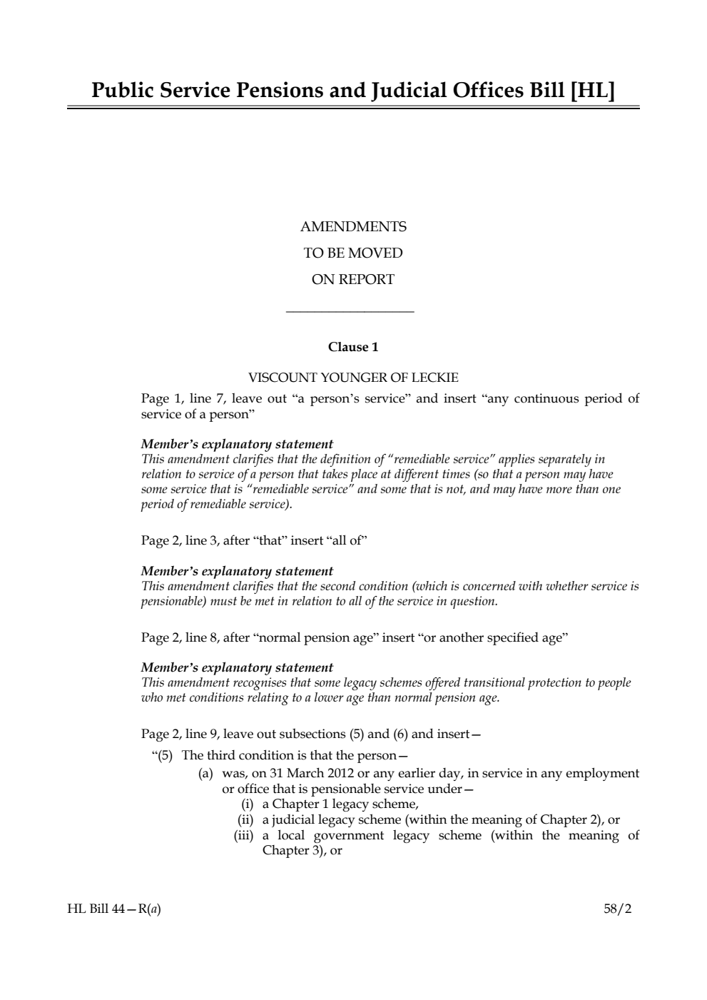 Public Service Pensions and Judicial Offices Bill Amendments to be moved on Report