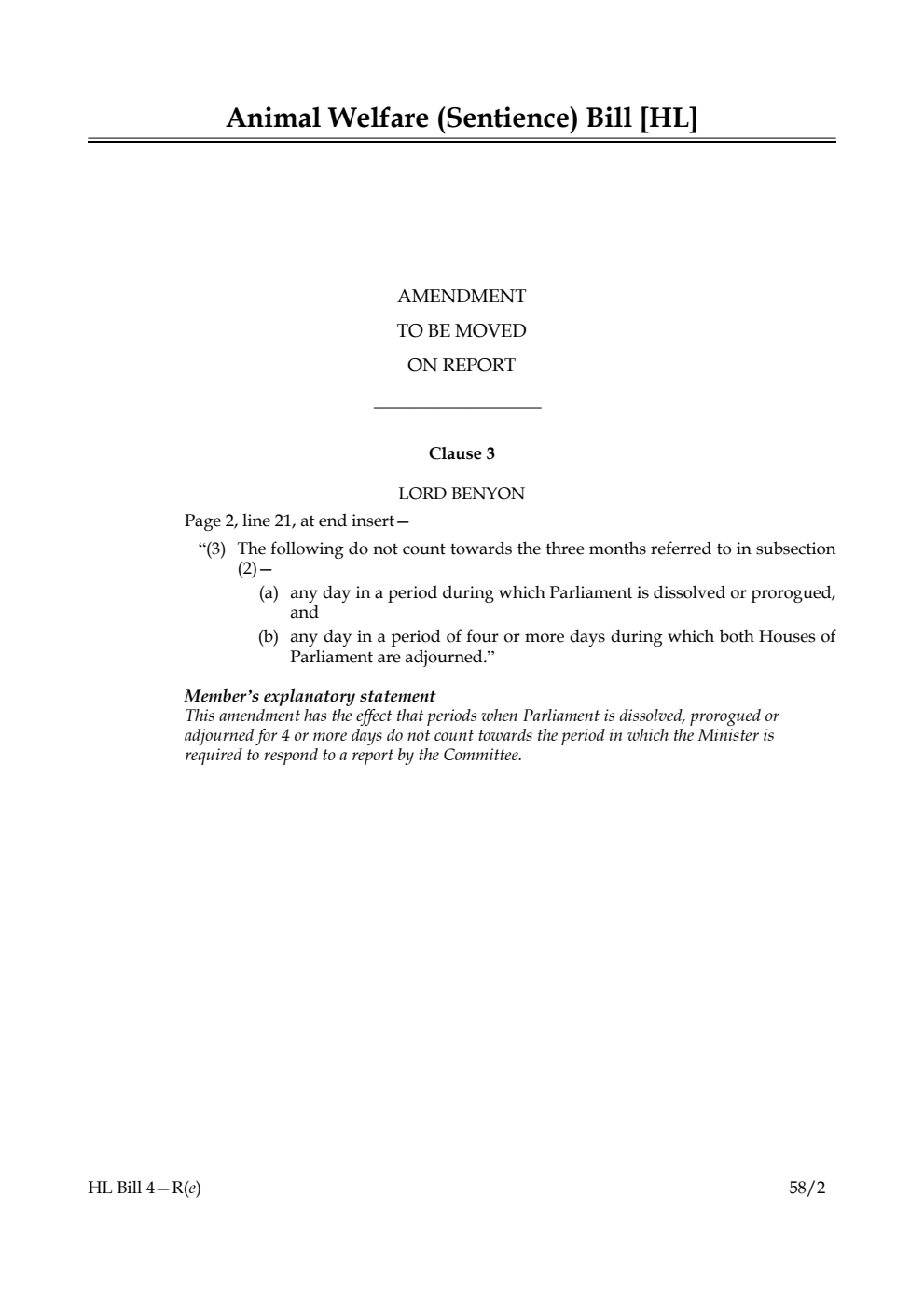 Animal Welfare (Sentience) Bill Amendment to be moved on Report