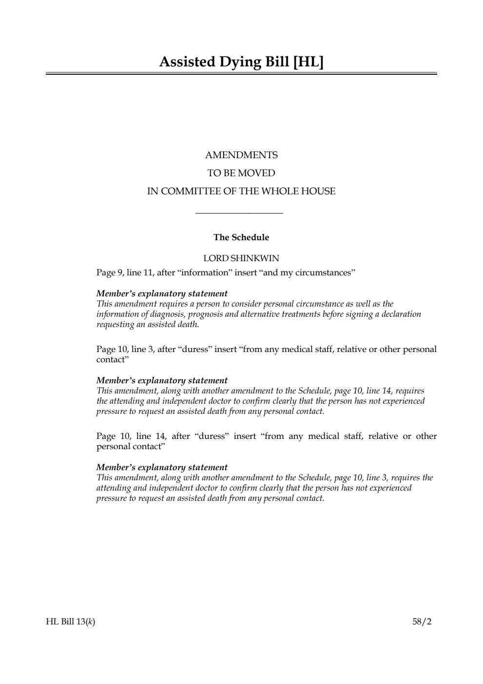 Assisted Dying Bill Amendments to be moved in Committee of the Whole House