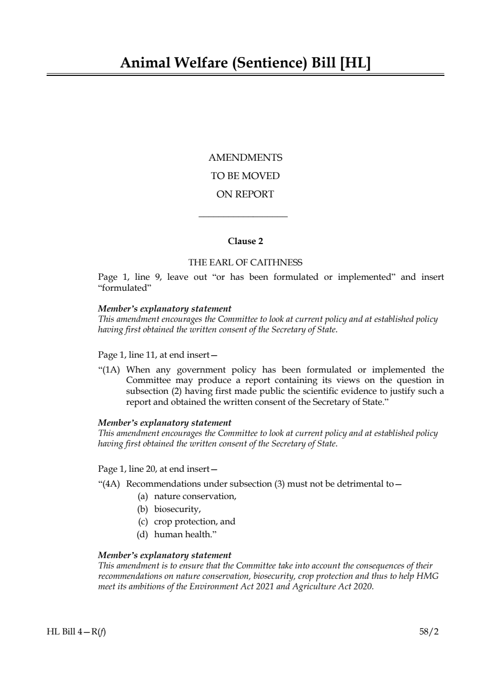 Animal Welfare (Sentience) Bill Amendments to be moved on Report