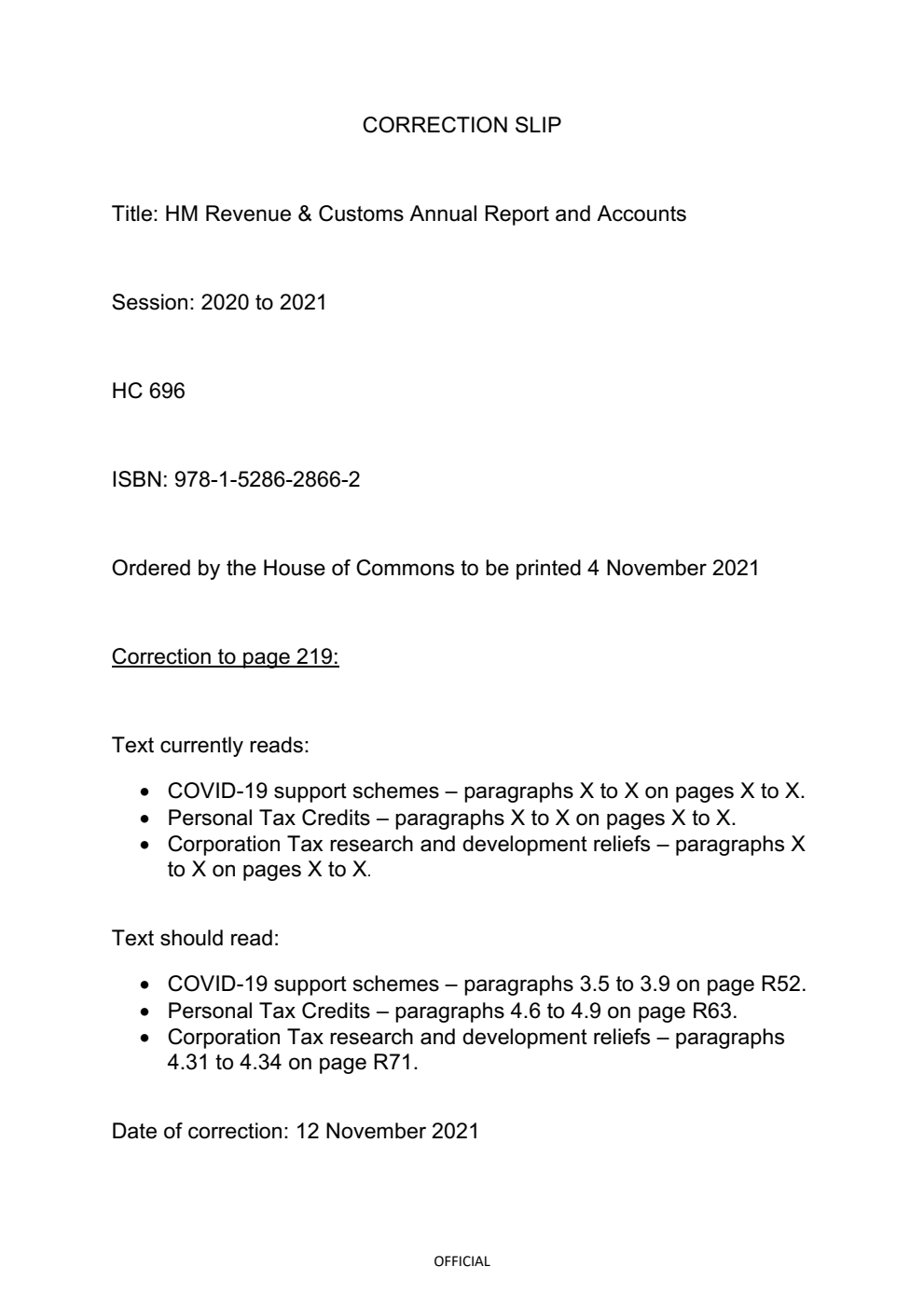 HM Revenue and Customs Annual Report and Accounts 2020 to 2021 (for the period 1 April to 31 March 2021) Correction Slip, November 2021