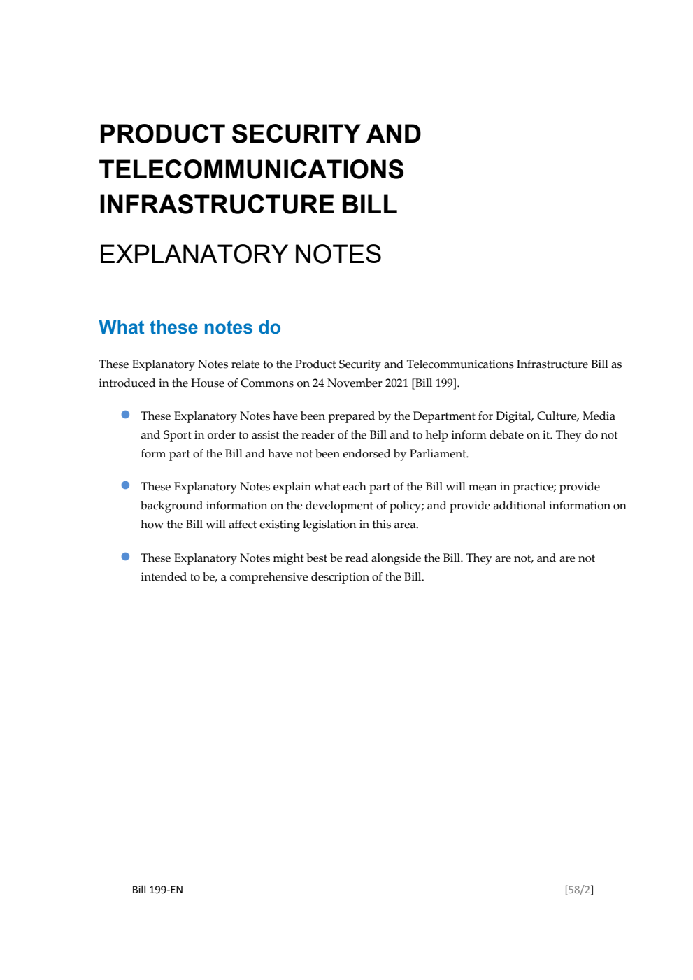 Product Security and Telecommunications Infrastructure Bill Explanatory Notes