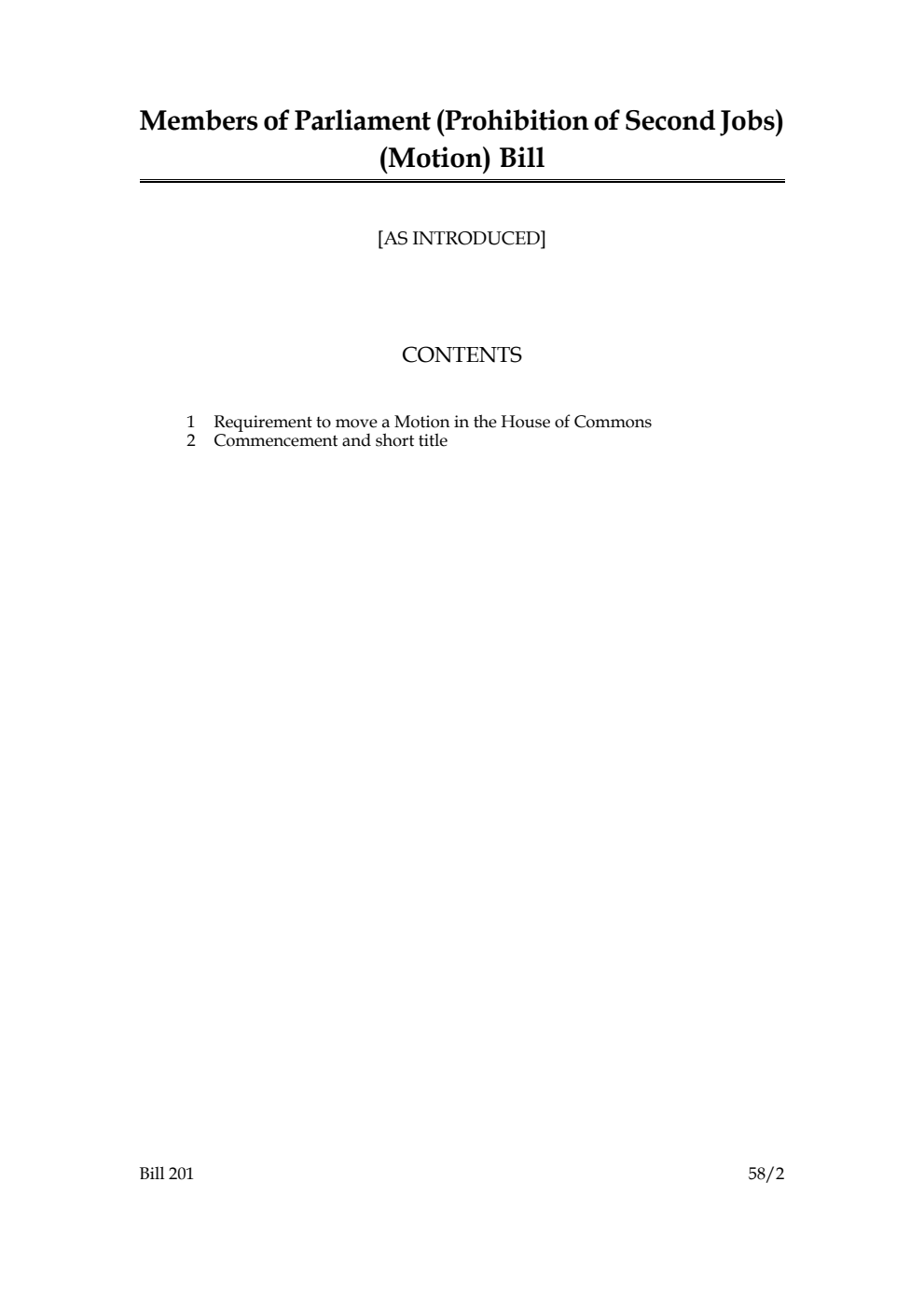 Members of Parliament (Prohibition of Second Jobs) (Motion) Bill