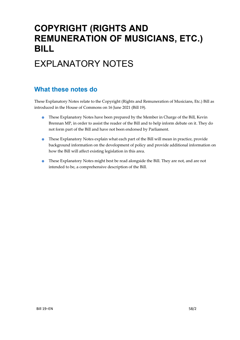 Copyright (Rights and Remuneration of Musicians, Etc.) Bill Explanatory Notes