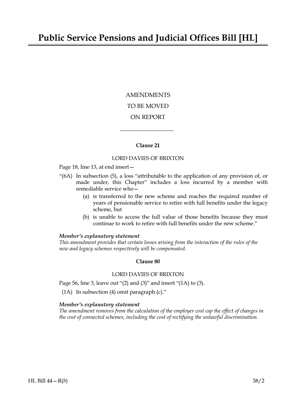 Public Service Pensions and Judicial Offices Bill Amendments to be moved on Report