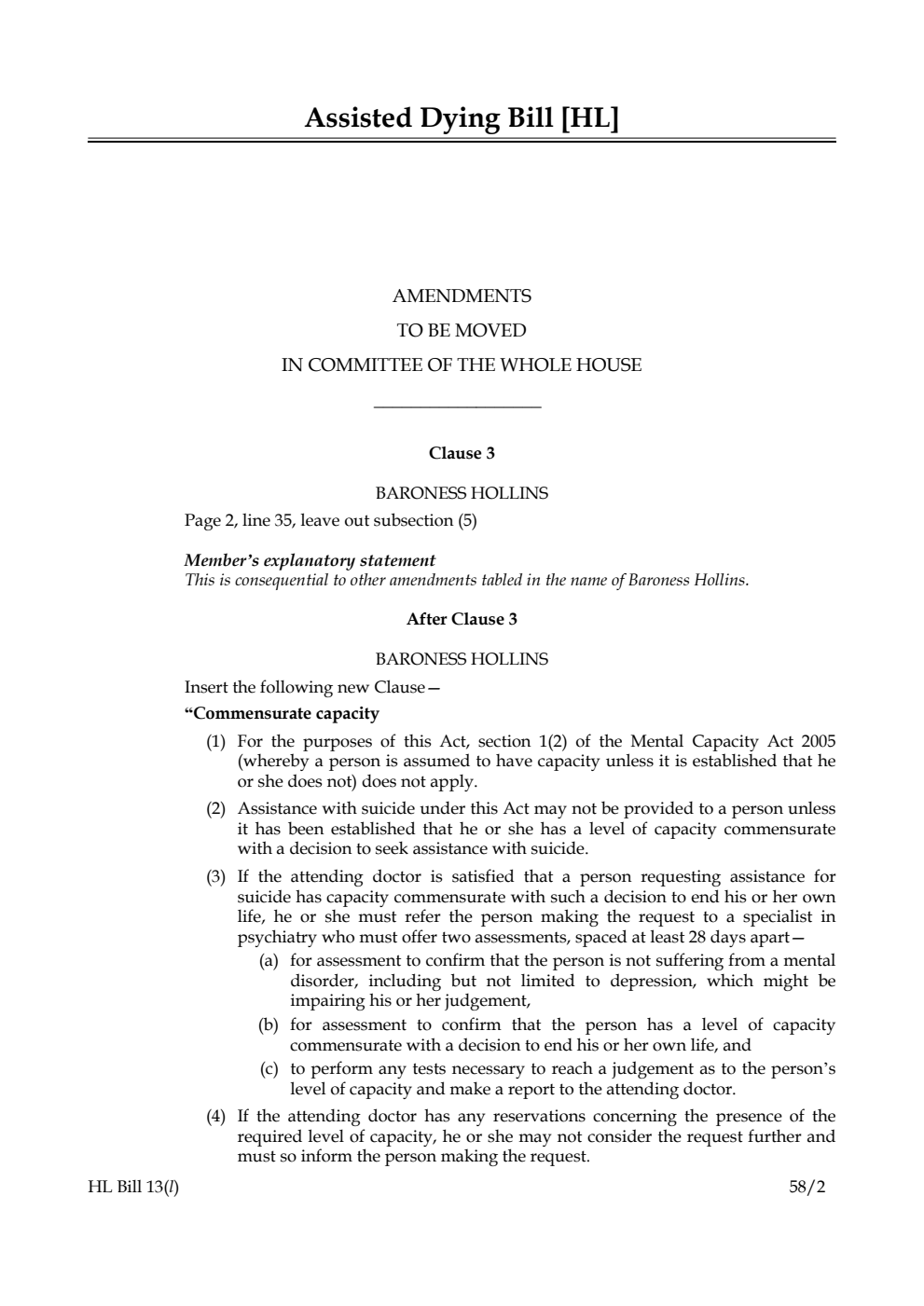 Assisted Dying Bill Amendments to be moved in Committee of the Whole House