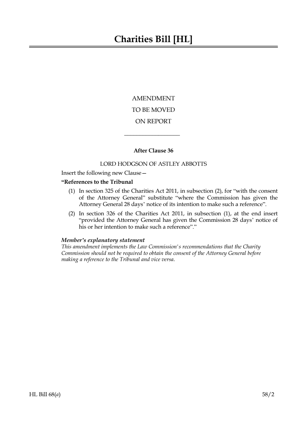 Charities Bill Amendment to be moved on Report