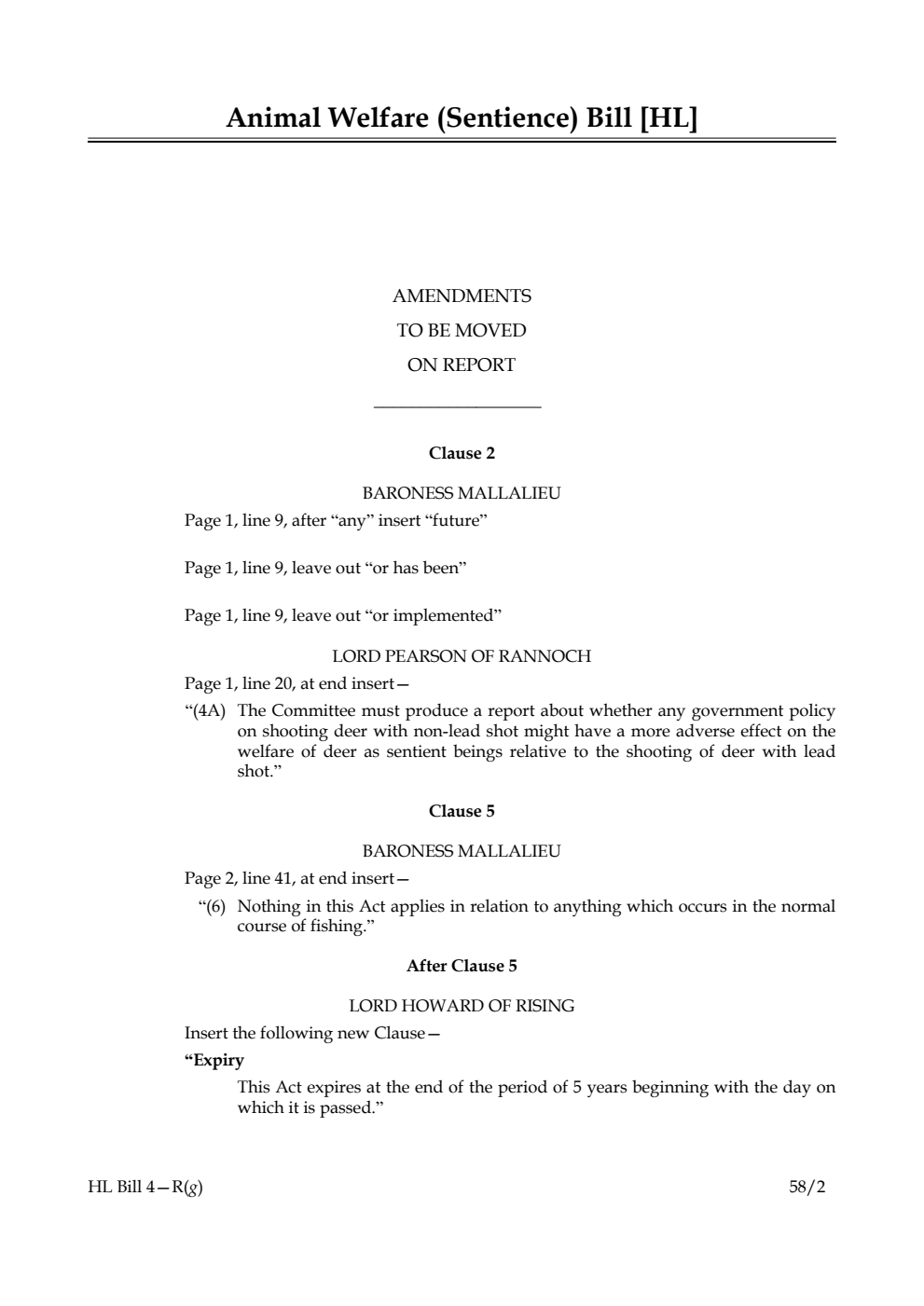 Animal Welfare (Sentience) Bill Amendments to be moved on Report