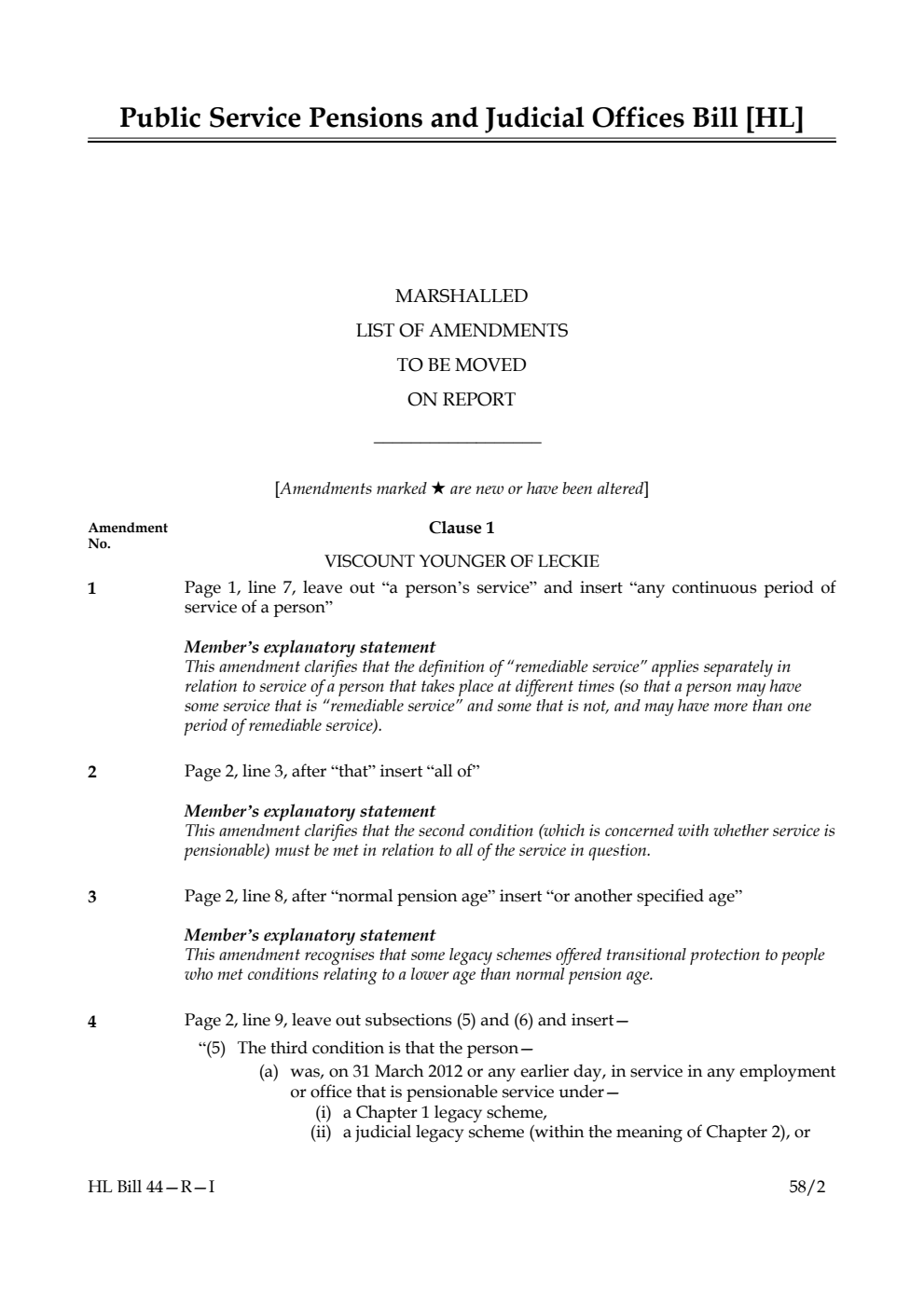 Public Service Pensions and Judicial Offices Bill Marshalled List of Amendments to be moved on report