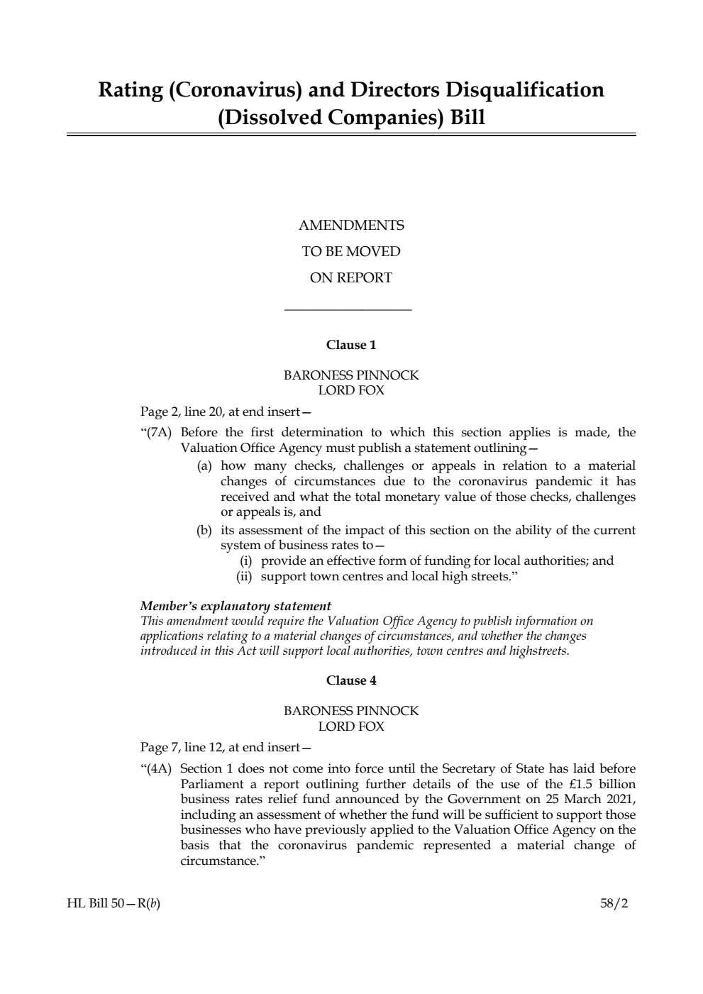 Rating (Coronavirus) and Directors Disqualification (Dissolved Companies) Bill Amendments to be moved on Report