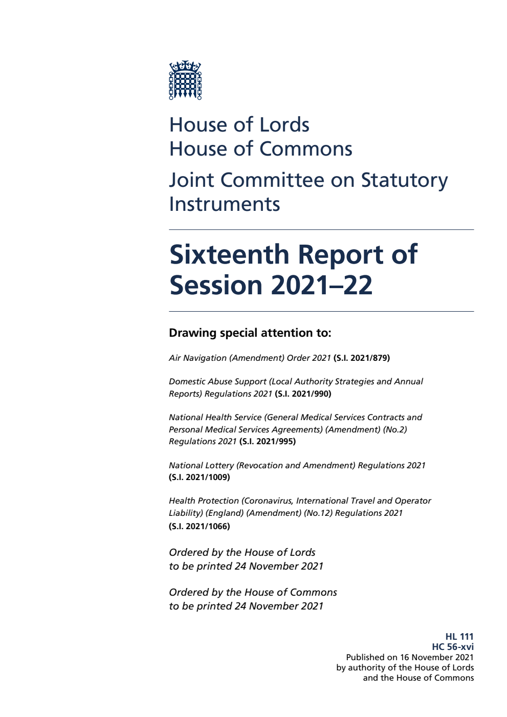 Joint Committee on Statutory Instruments 16th Report of Session 2021-22