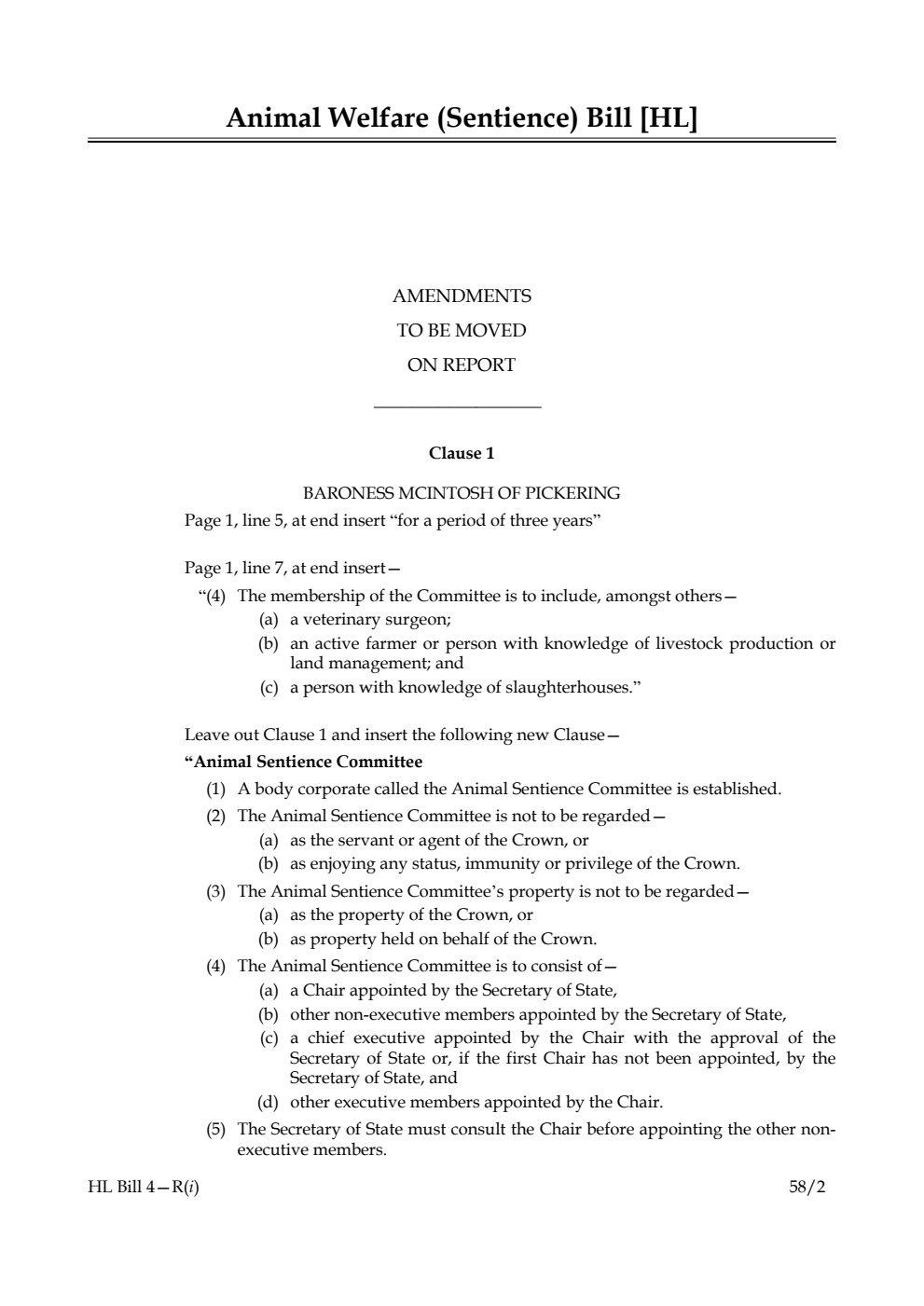 Animal Welfare (Sentience) Bill Amendments to be moved on Report