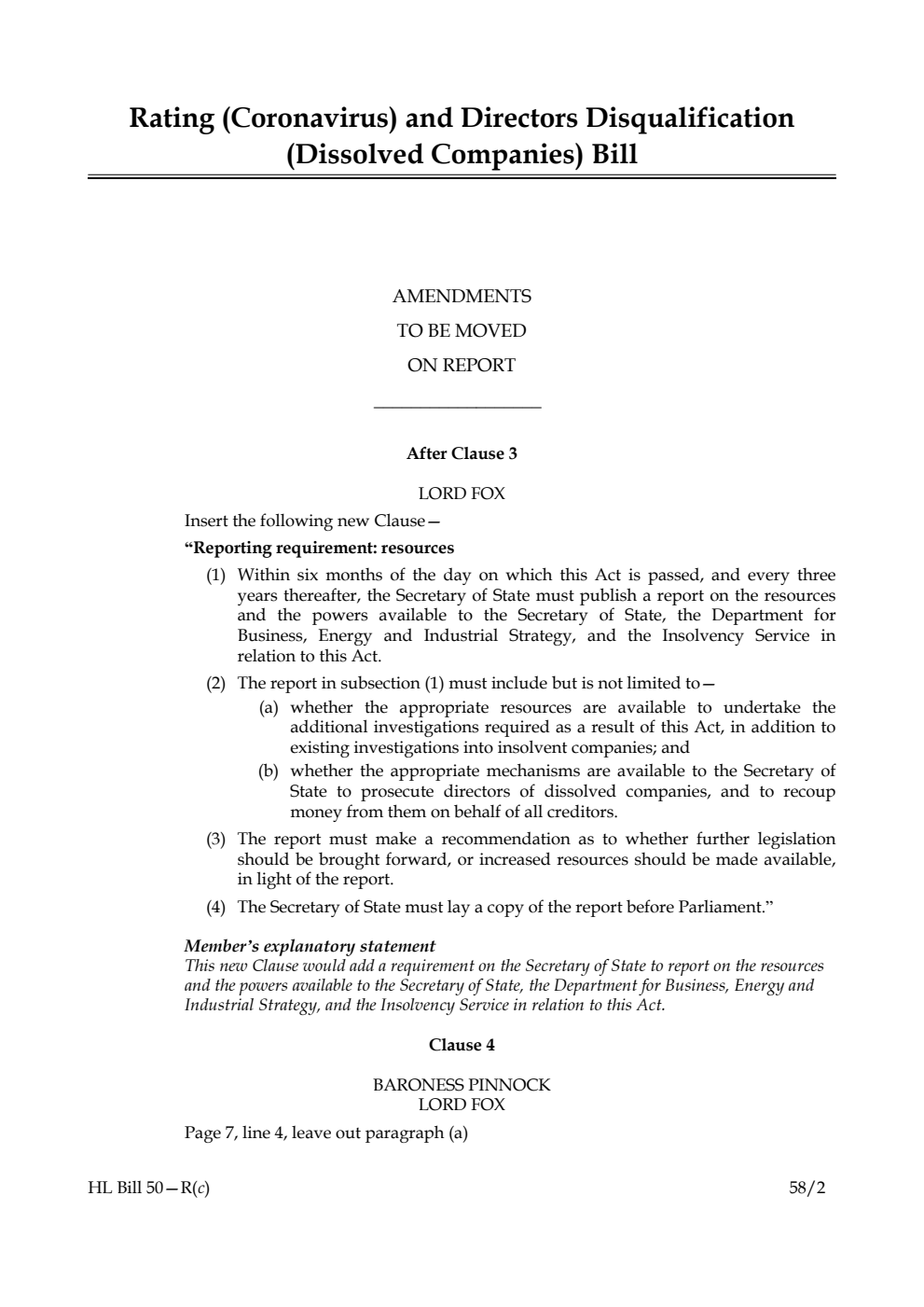 Rating (Coronavirus) and Directors Disqualification (Dissolved Companies) Bill Amendments to be moved on Report