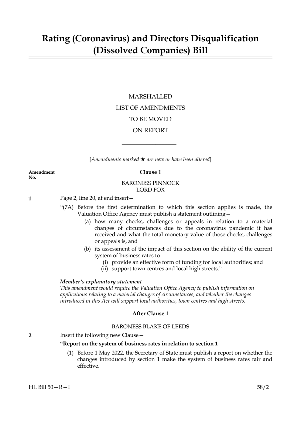 Rating (Coronavirus) and Directors Disqualification (Dissolved Companies) Bill Marshalled List of Amendments to be moved on report