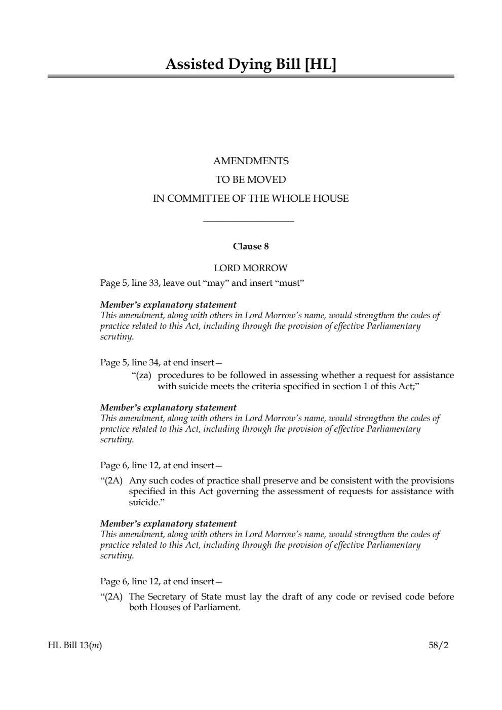 Assisted Dying Bill Amendments to be moved in Committee of the Whole House