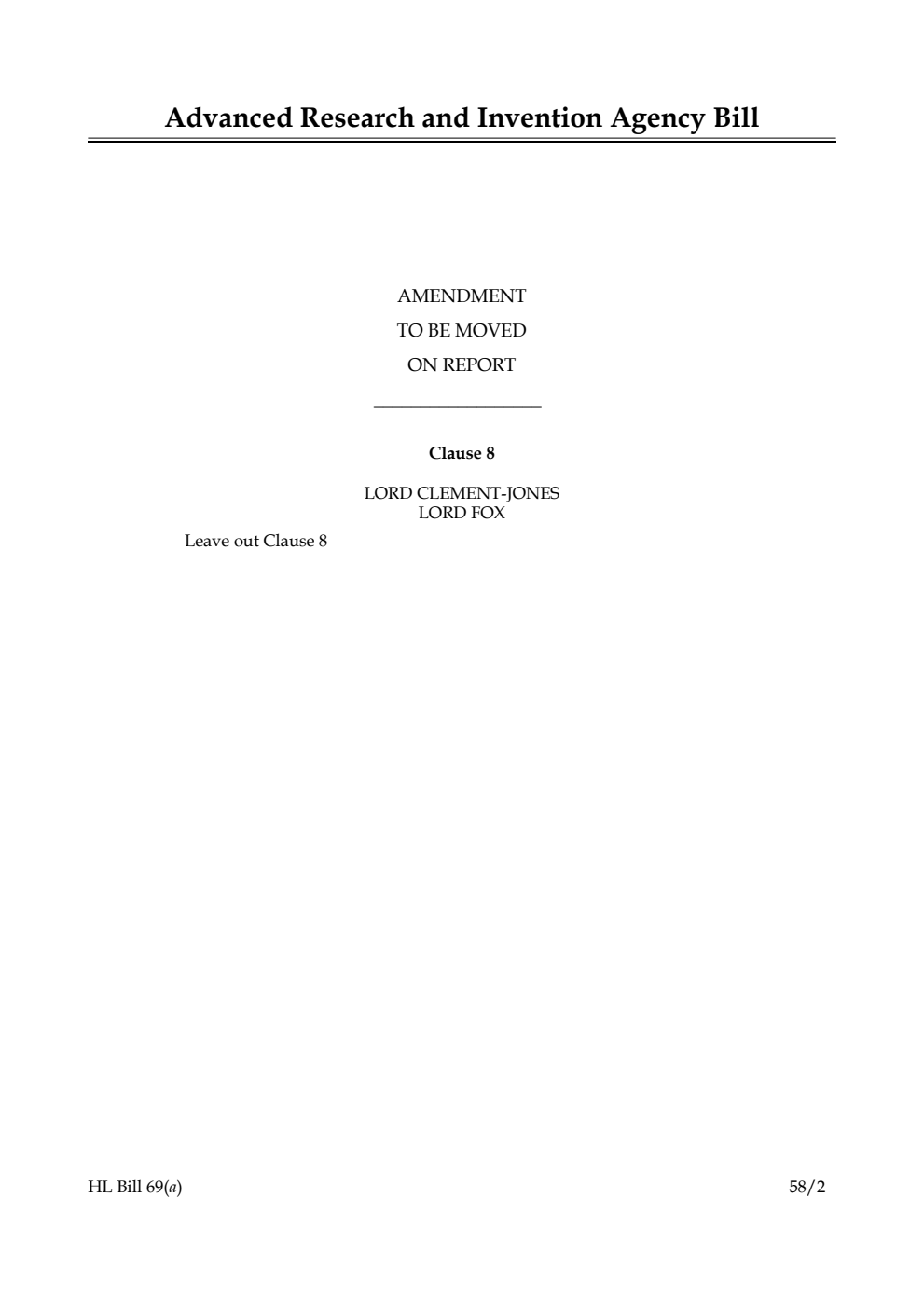 Advanced Research and Invention Agency Bill Amendment to be moved on Report