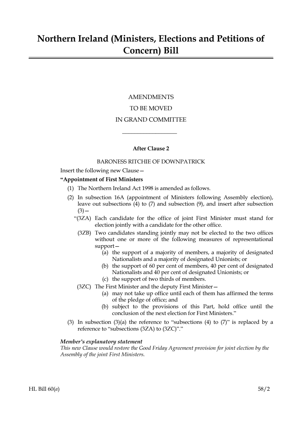 Northern Ireland (Ministers, Elections and Petitions of Concern) Bill Amendments to be moved in Grand Committee