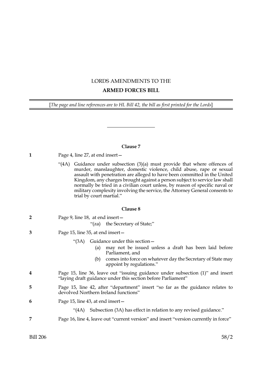 Lords Amendments to the Armed Forces Bill
