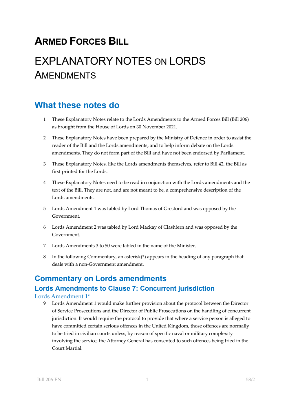 Armed Forces Bill Explanatory Notes on Lords Amendments
