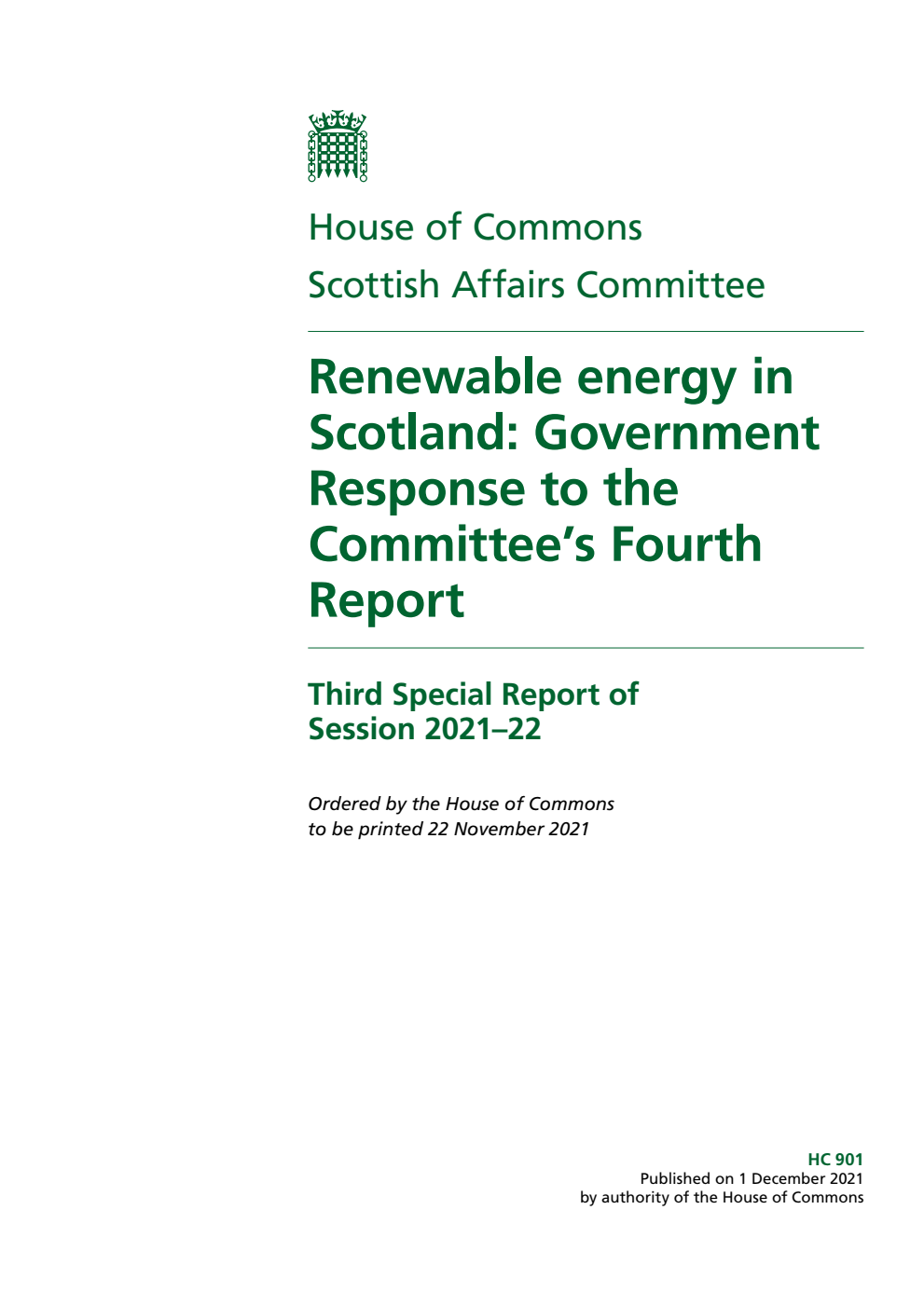 Scottish Affairs Committee 3rd Special Report. Renewable energy in Scotland: Government Response to the Committee’s Fourth Report