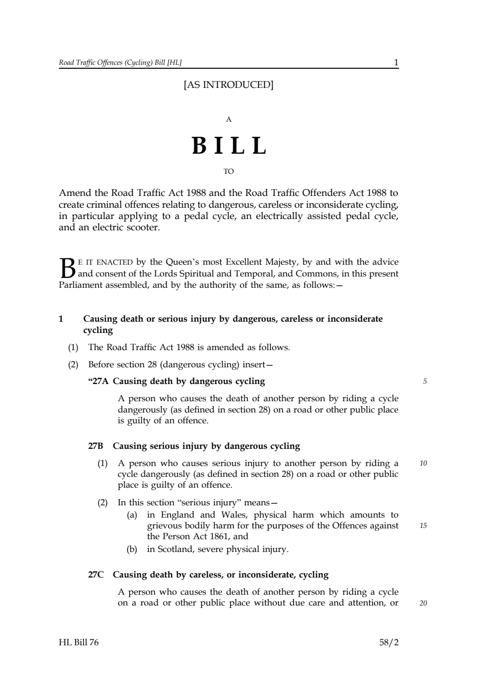Road Traffic Offences (Cycling) Bill