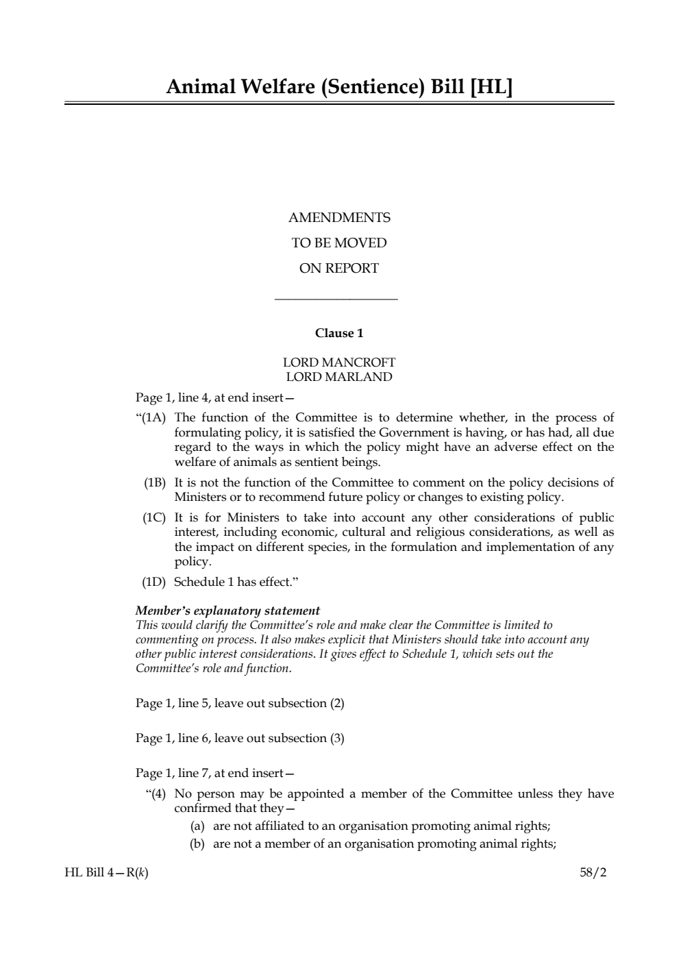 Animal Welfare (Sentience) Bill Amendments to be moved on Report