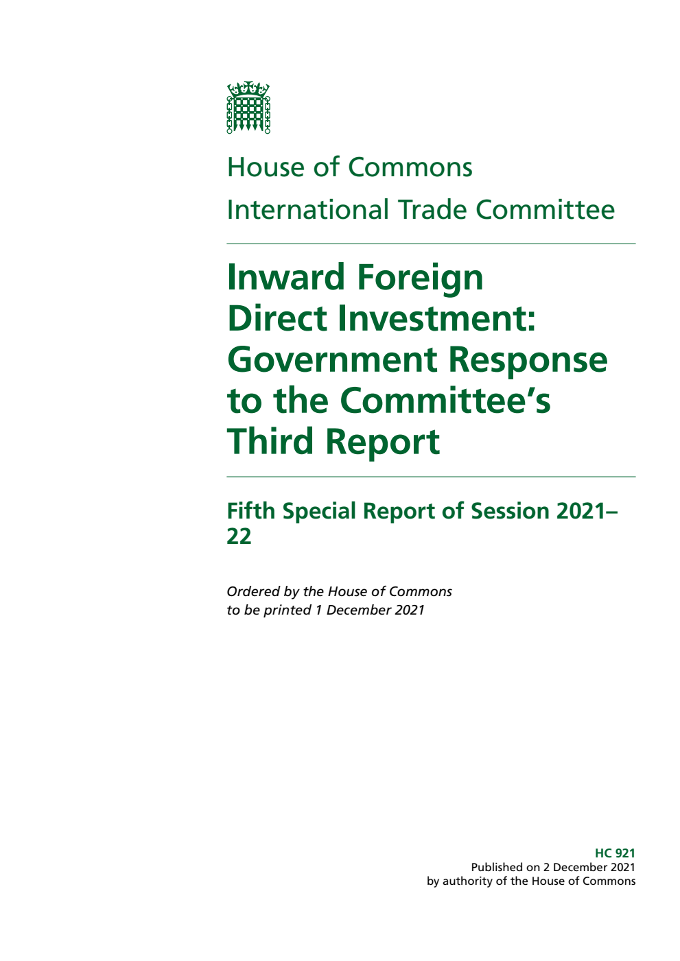 International Trade Committee 5th Special Report. Inward Foreign Direct Investment: Government Response to the Committee’s Third Report