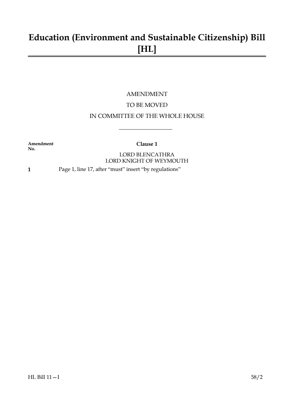 Education (Environment and Sustainable Citizenship) Bill Amendment to be moved in Committee of the Whole House