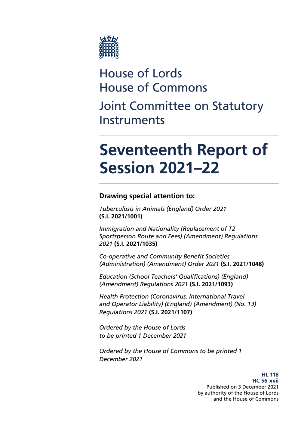 Joint Committee on Statutory Instruments 17th Report of Session 2021-22