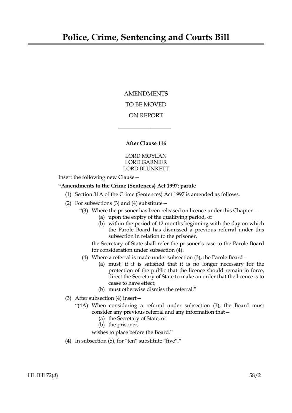 Police, Crime, Sentencing and Courts Bill Amendments to be moved on Report