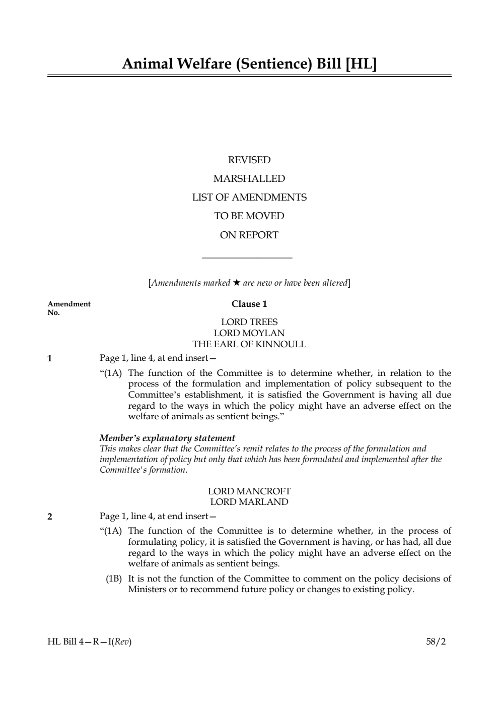 Animal Welfare (Sentience) Bill Revised Marshalled List of Amendments to be moved on report