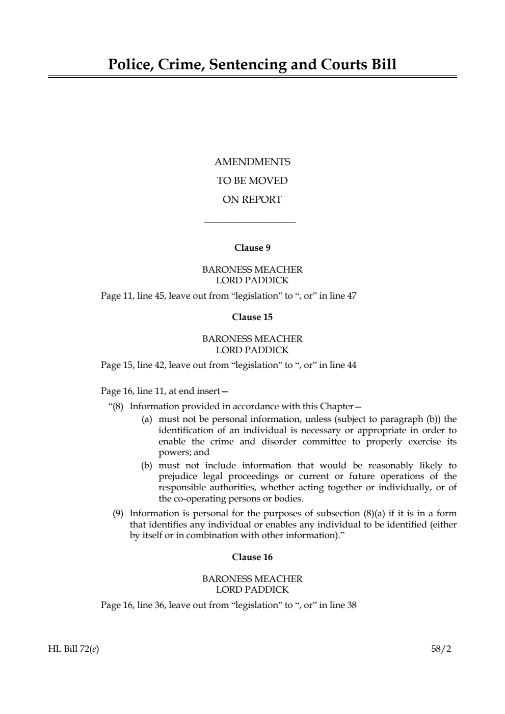 Police, Crime, Sentencing and Courts Bill Amendments to be moved on Report