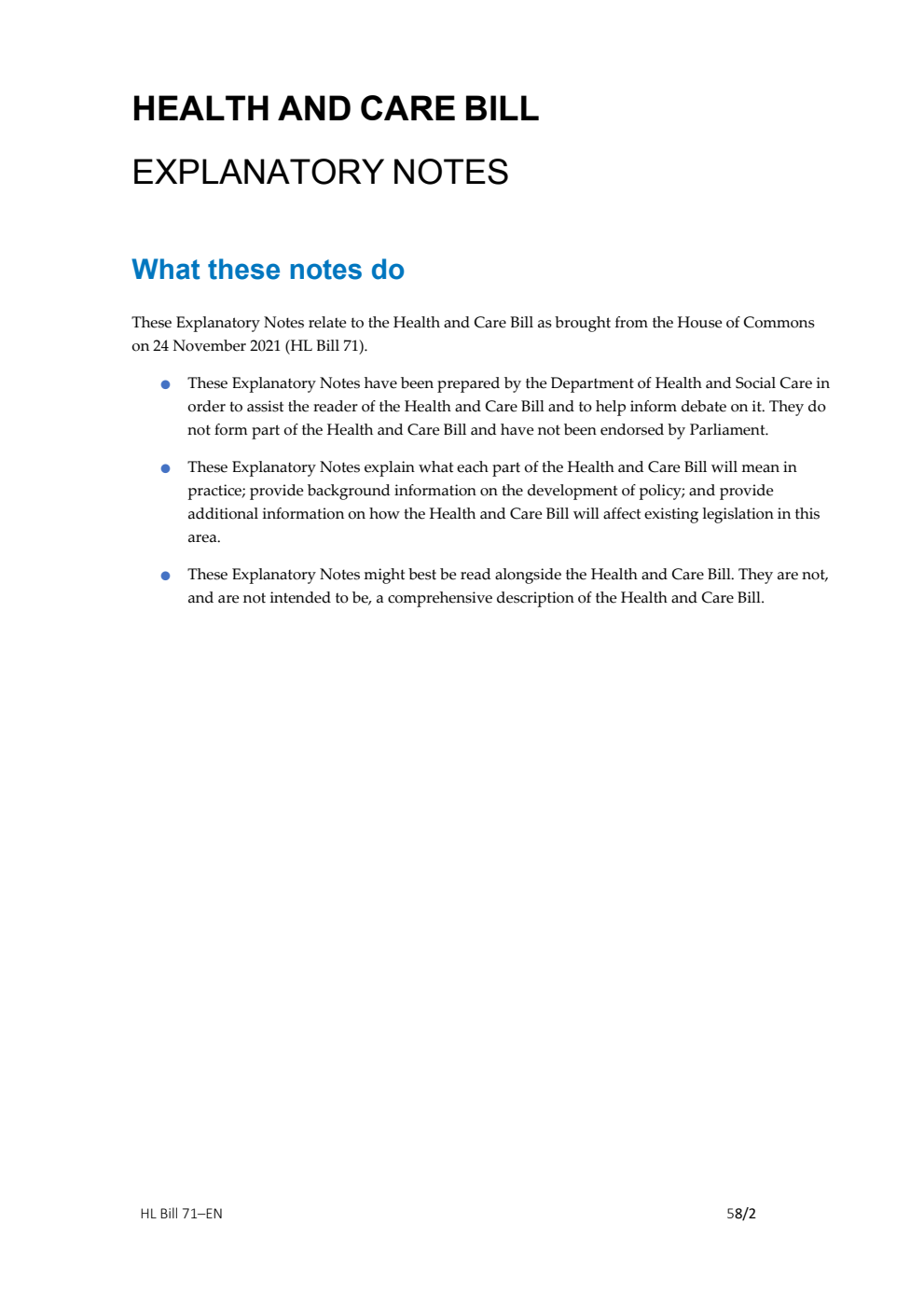 Health and Care Bill Explanatory Notes