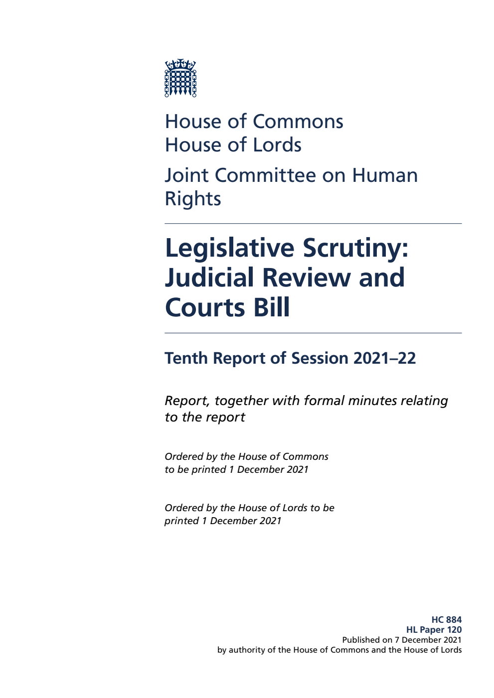 Human Rights Joint Committee 10th Report. Legislative Scrutiny: Judicial Review and Courts Bill