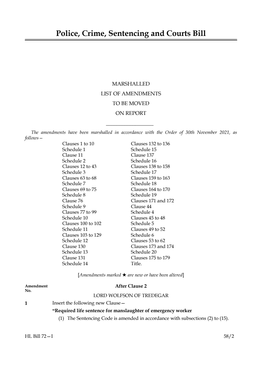 Police, Crime, Sentencing and Courts Bill Marshalled List of Amendments to be moved on report