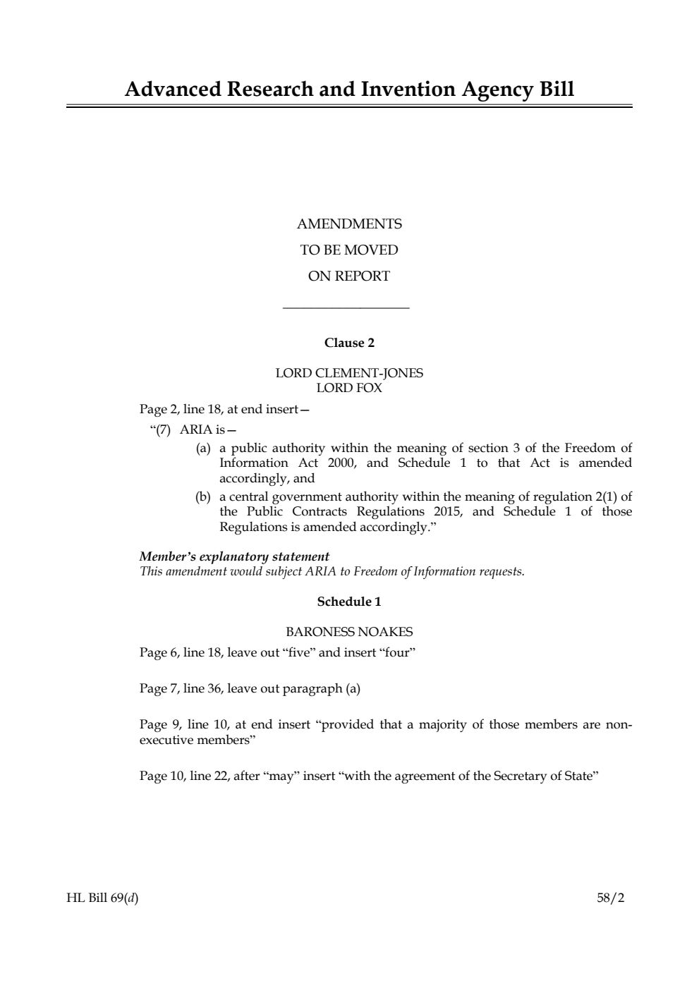 Advanced Research and Invention Agency Bill Amendments to be moved on Report