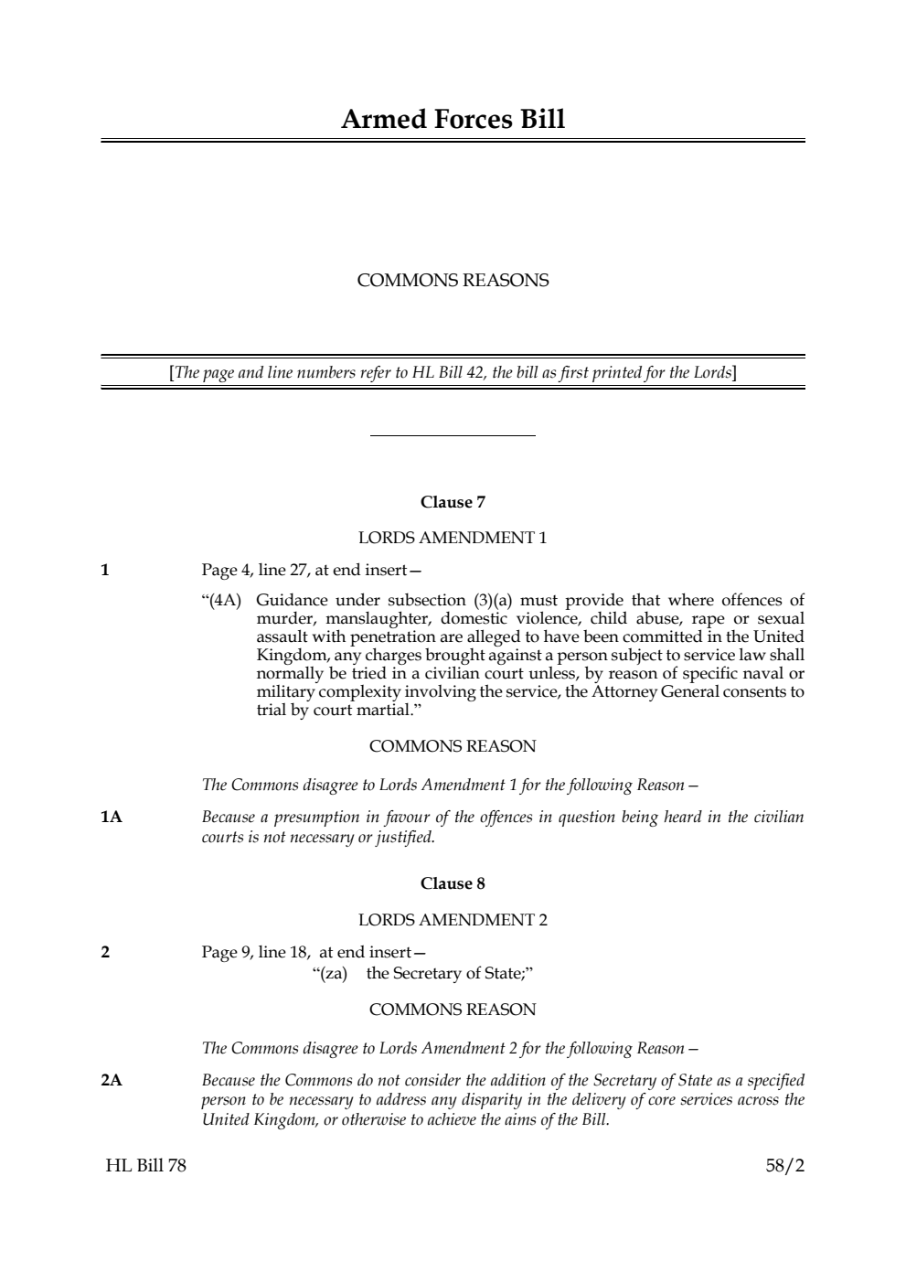 Armed Forces Bill Commons reasons