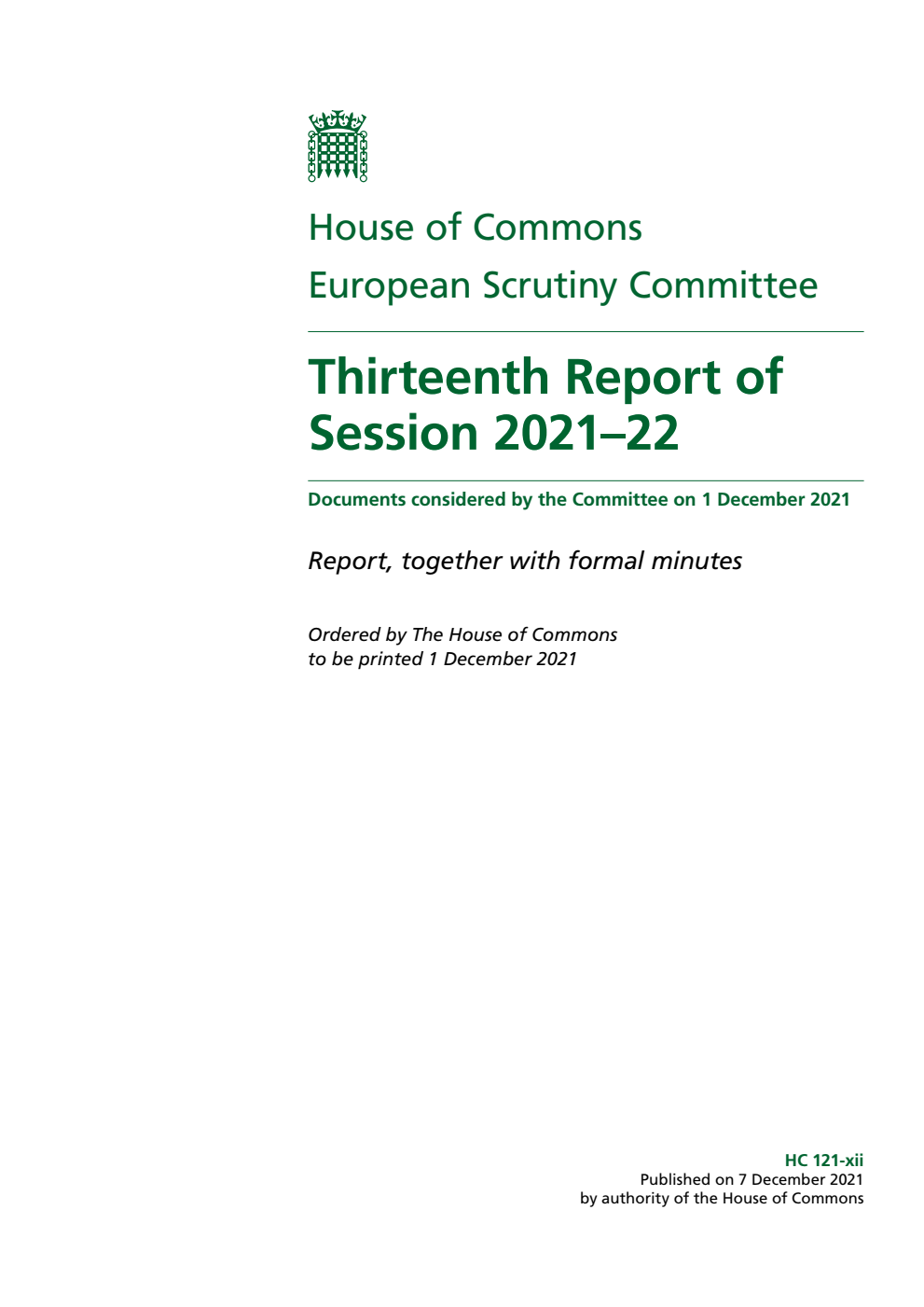 European Scrutiny Committee 13th Report of Session 2021-22