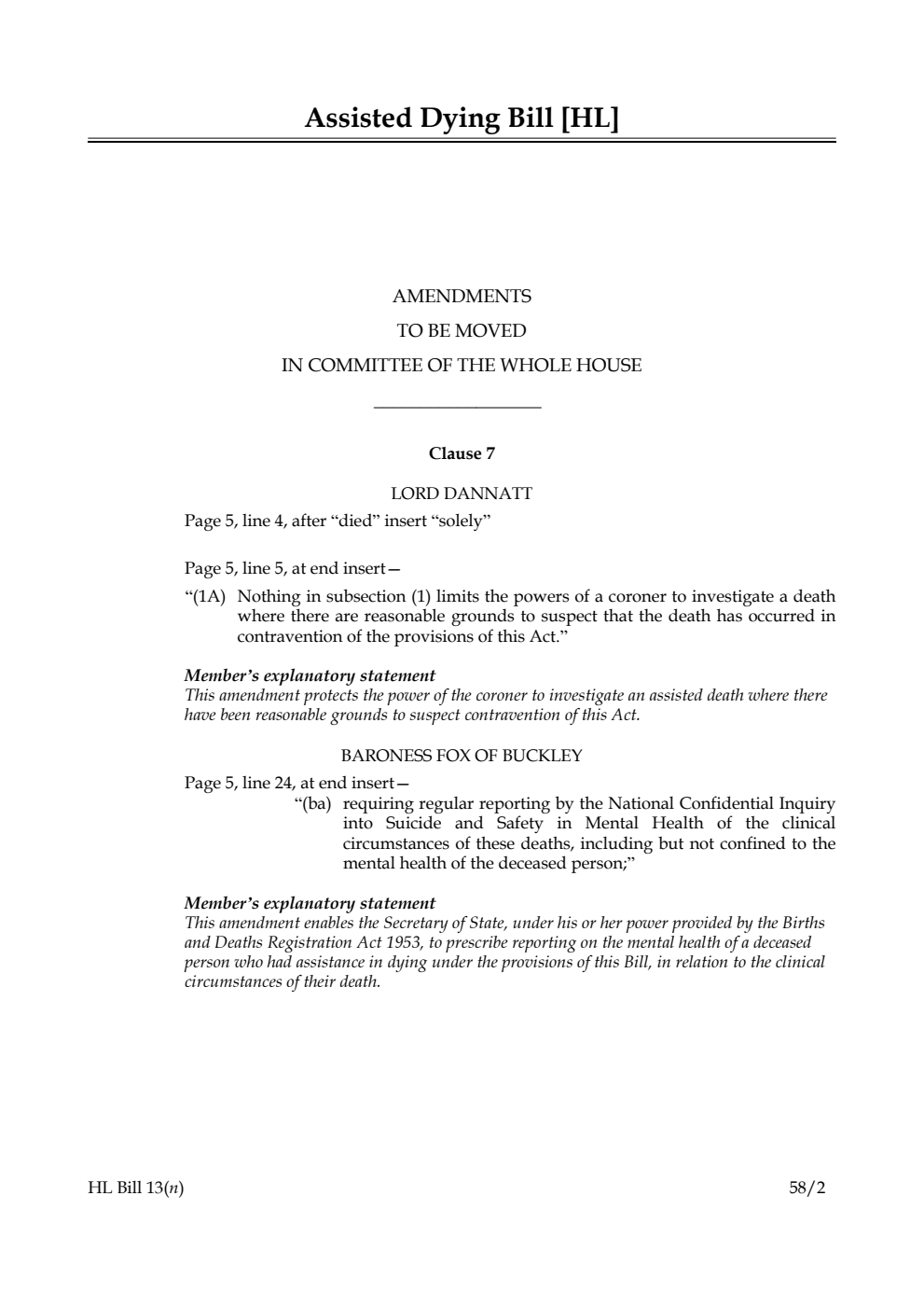 Assisted Dying Bill Amendments to be moved in Committee of the Whole House