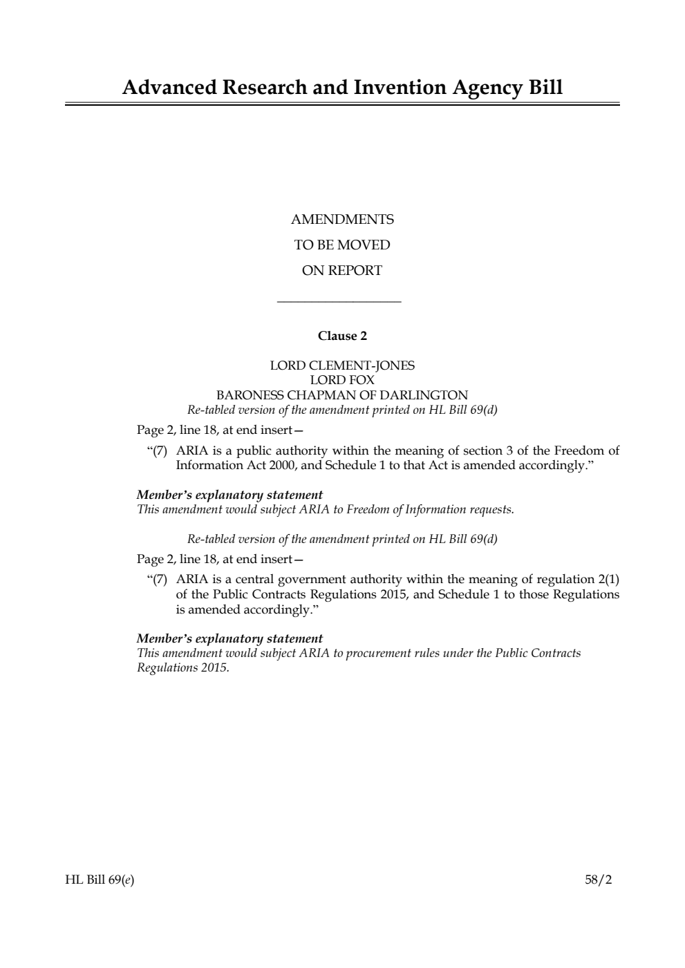 Advanced Research and Invention Agency Bill Amendments to be moved on Report