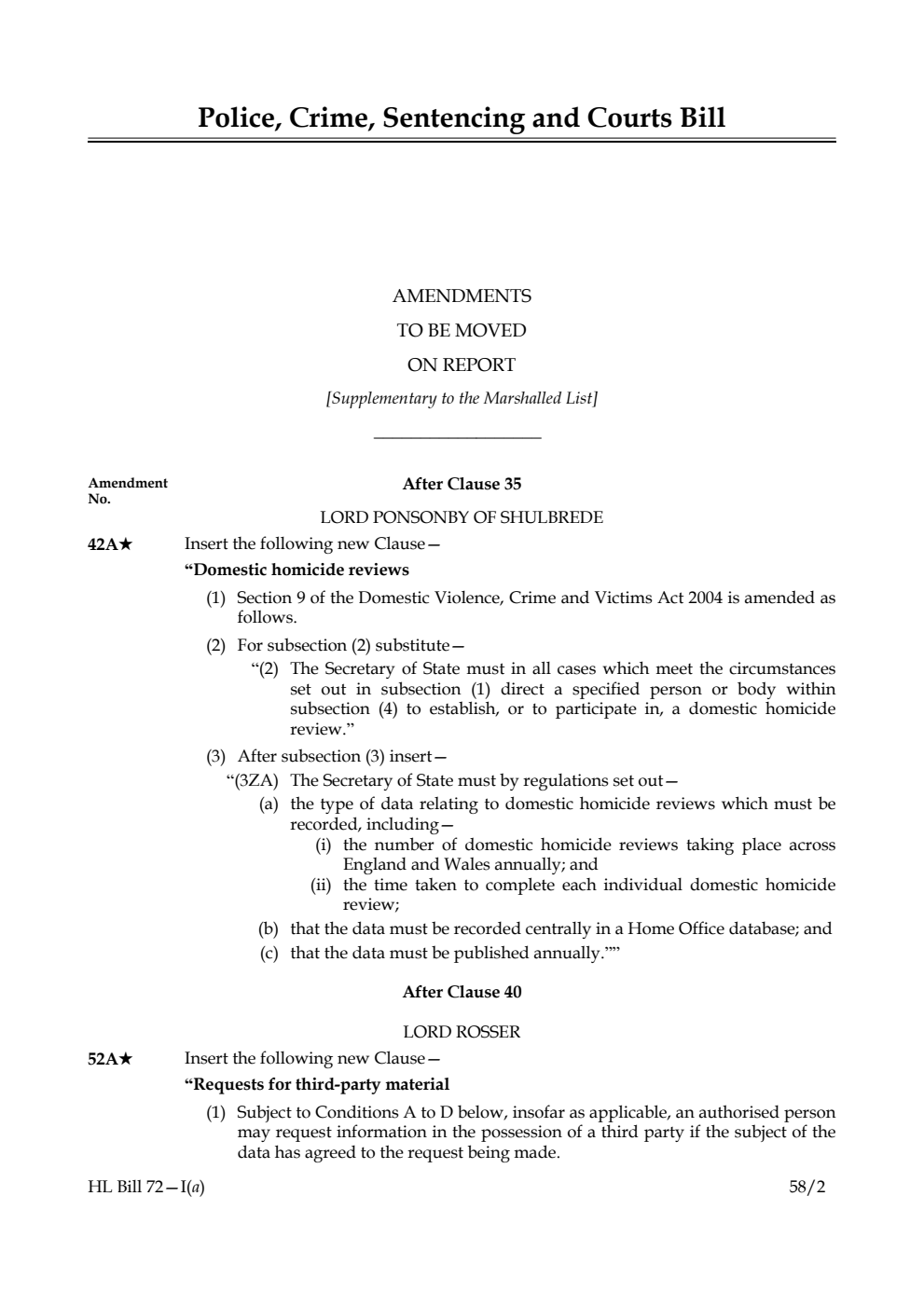 Police, Crime, Sentencing and Courts Bill Amendments to be moved on Report [Supplementary to the Marshalled List]