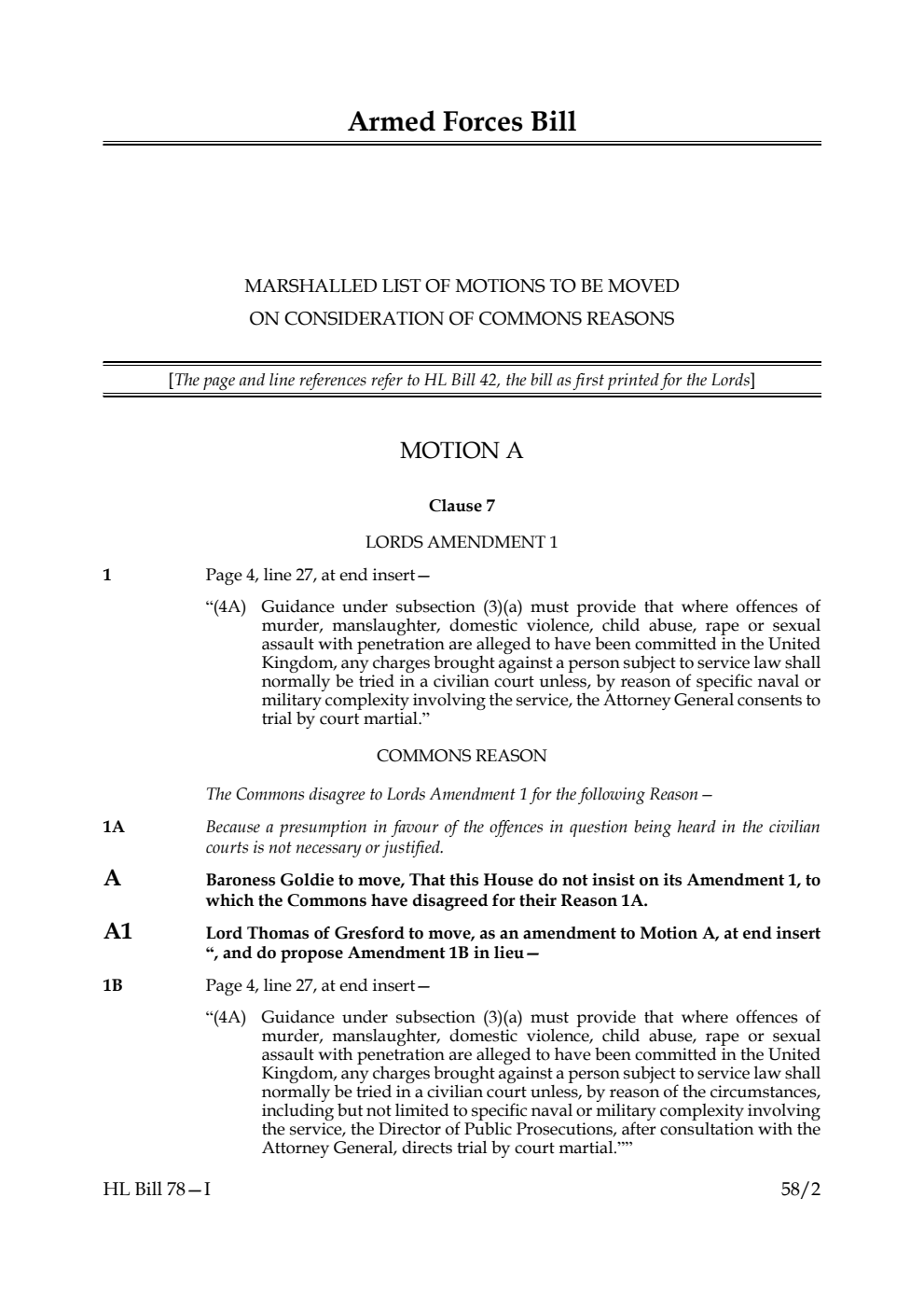 Armed Forces Bill Marshalled List of motions to be moved on Consideration of Commons reasons and amendments