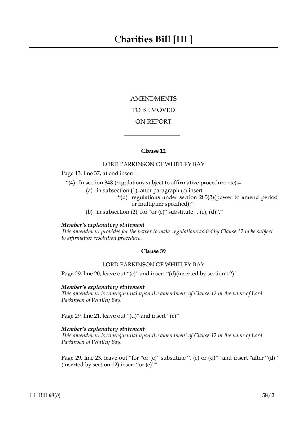 Charities Bill Amendments to be moved on Report