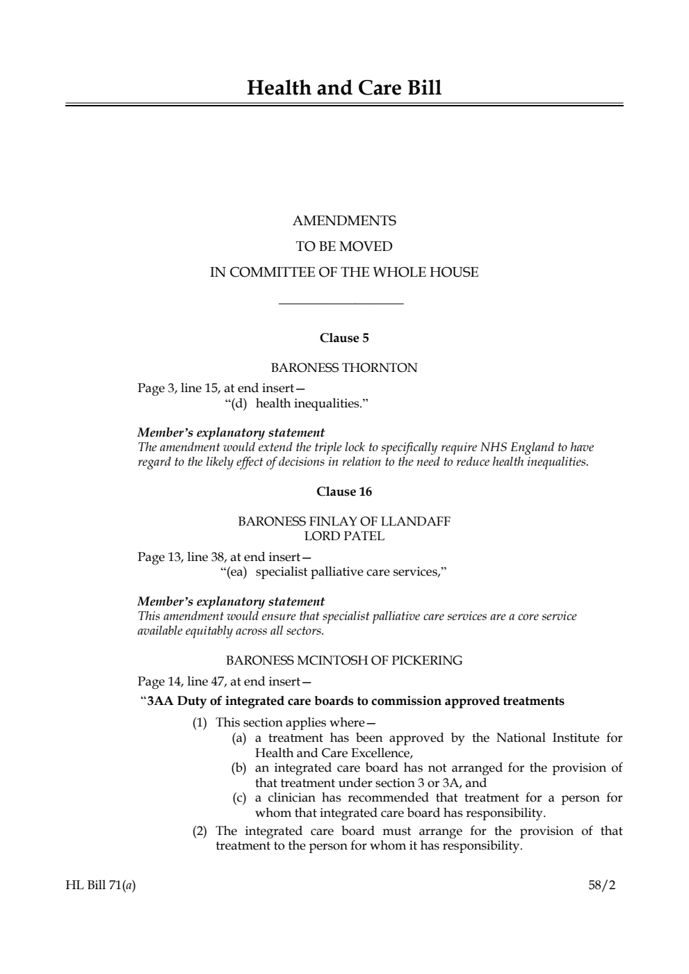 Health and Care Bill Amendments to be moved in Committee of the Whole House