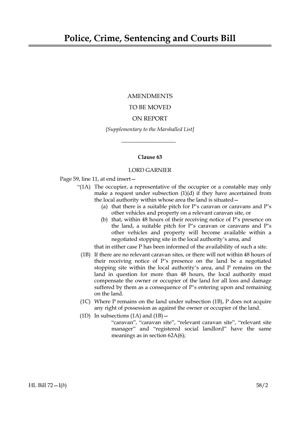 Police, Crime, Sentencing and Courts Bill Amendments to be moved on Report [Supplementary to the Marshalled List]