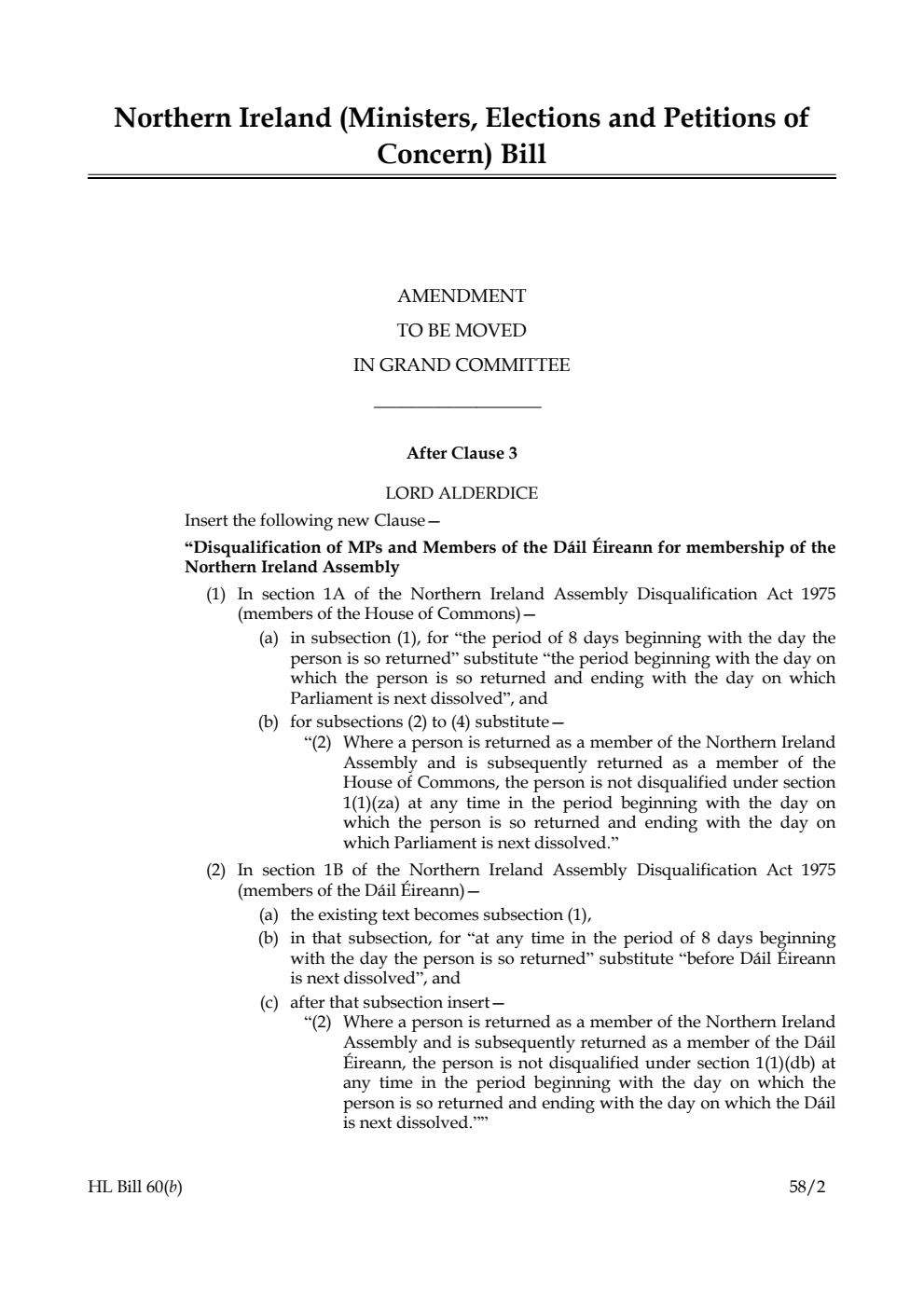 Northern Ireland (Ministers, Elections and Petitions of Concern) Bill Amendment to be moved in Grand Committee