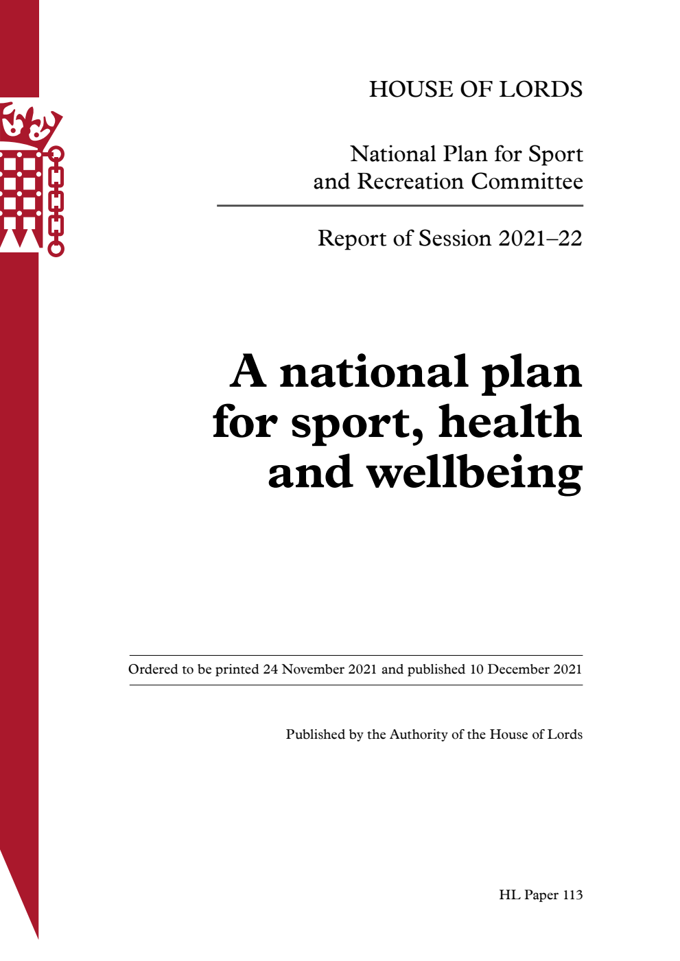 National Plan for Sport and Recreation Committee 1st Report. A national plan for sport, health and wellbeing Volume 1. Report
